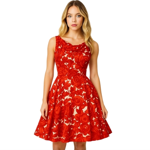Lavia red Cherry Girl floral print designer sleeveless fit and flare dress sz XS - Picture 1 of 8